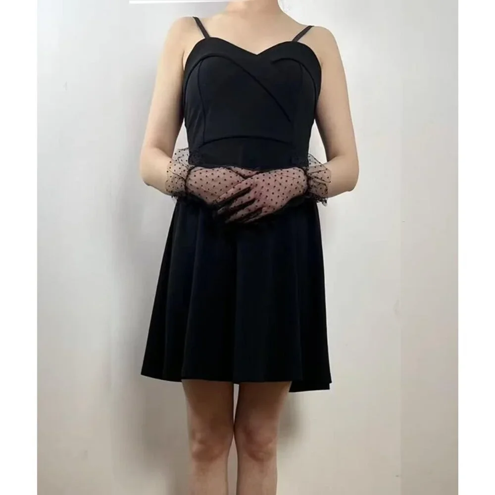 Women's Vintage Black Dots Mesh Tulle Short Lace Gloves Semi Sheer Party Costume